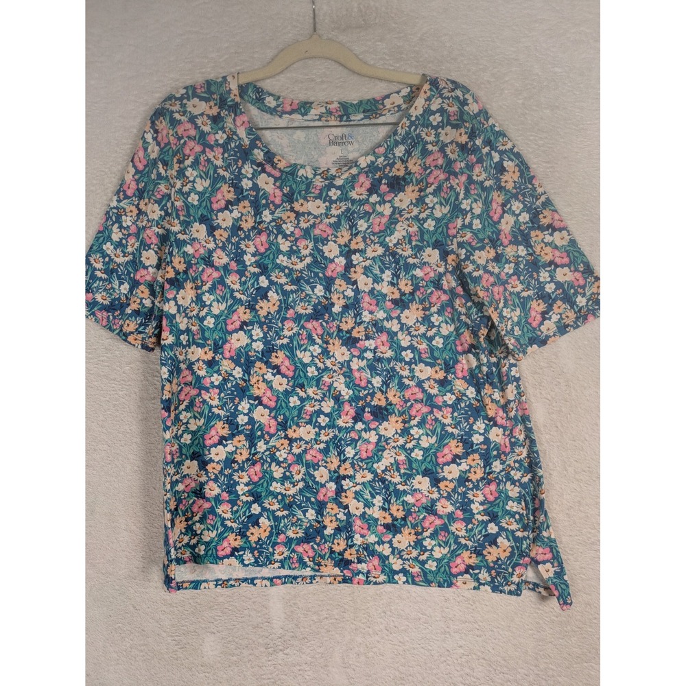 Croft & Barrow T-Shirt Women's Large Blue Floral Short Sleeve Scoop Neck Tee